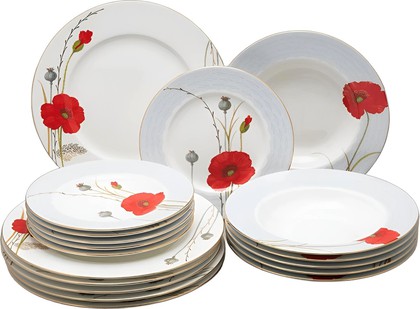 Сервиз столовый ИФЗ Премиум, Маки, 18 предметов, 6 персон, костяной фарфор 81.34142.00.1