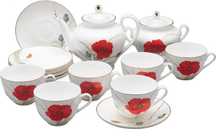 Сервиз чайный ИФЗ Весенняя-2, Маки, 14 предметов, 6 персон, костяной фарфор 81.34140.00.1