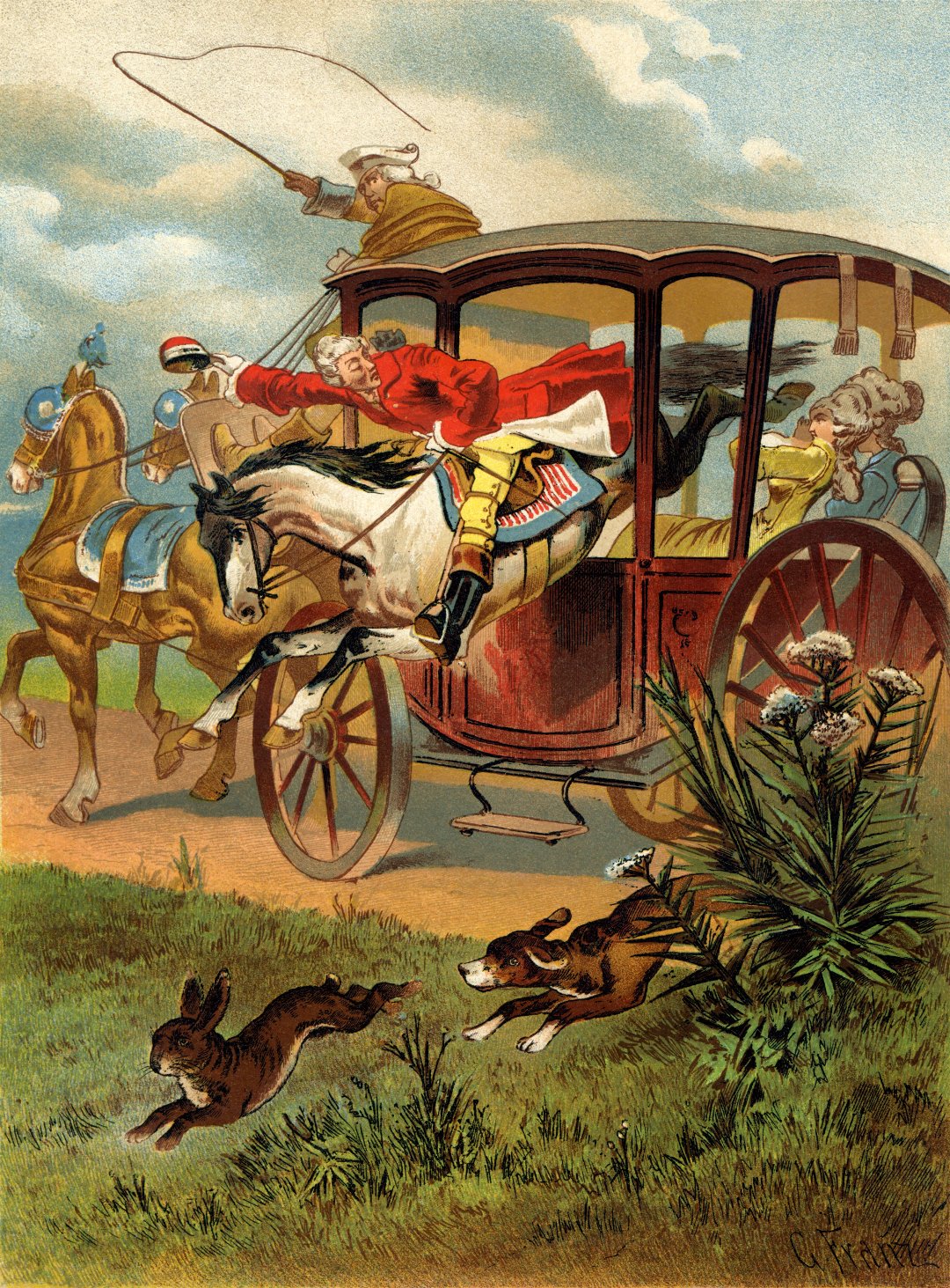 Иллюстрация с Мюнхгаузеном на коне, пролетающем через окна кареты, к книге Рудольфа Эриха Распе, созданная Готфридом Францем