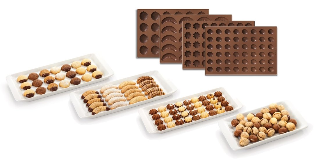 Иллюстрация использования силиконовых форм от Tescoma для изготовления печенья различных видов