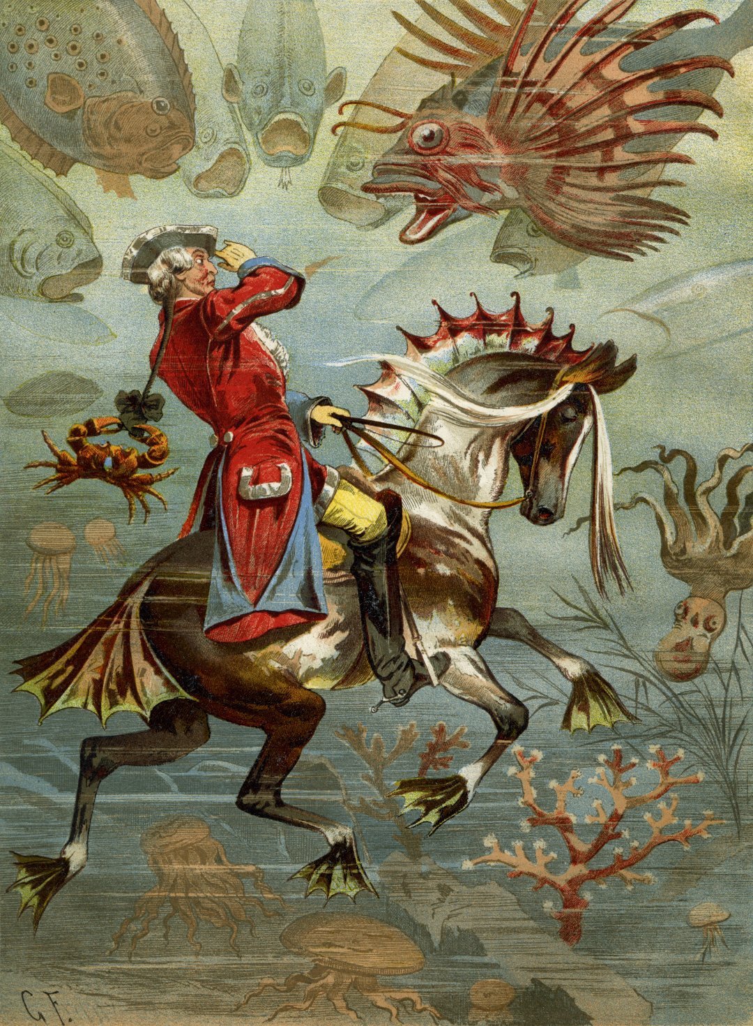 Иллюстрация с Мюнхгаузеном на коне под водой к книге Рудольфа Эриха Распе, созданная Готфридом Францем